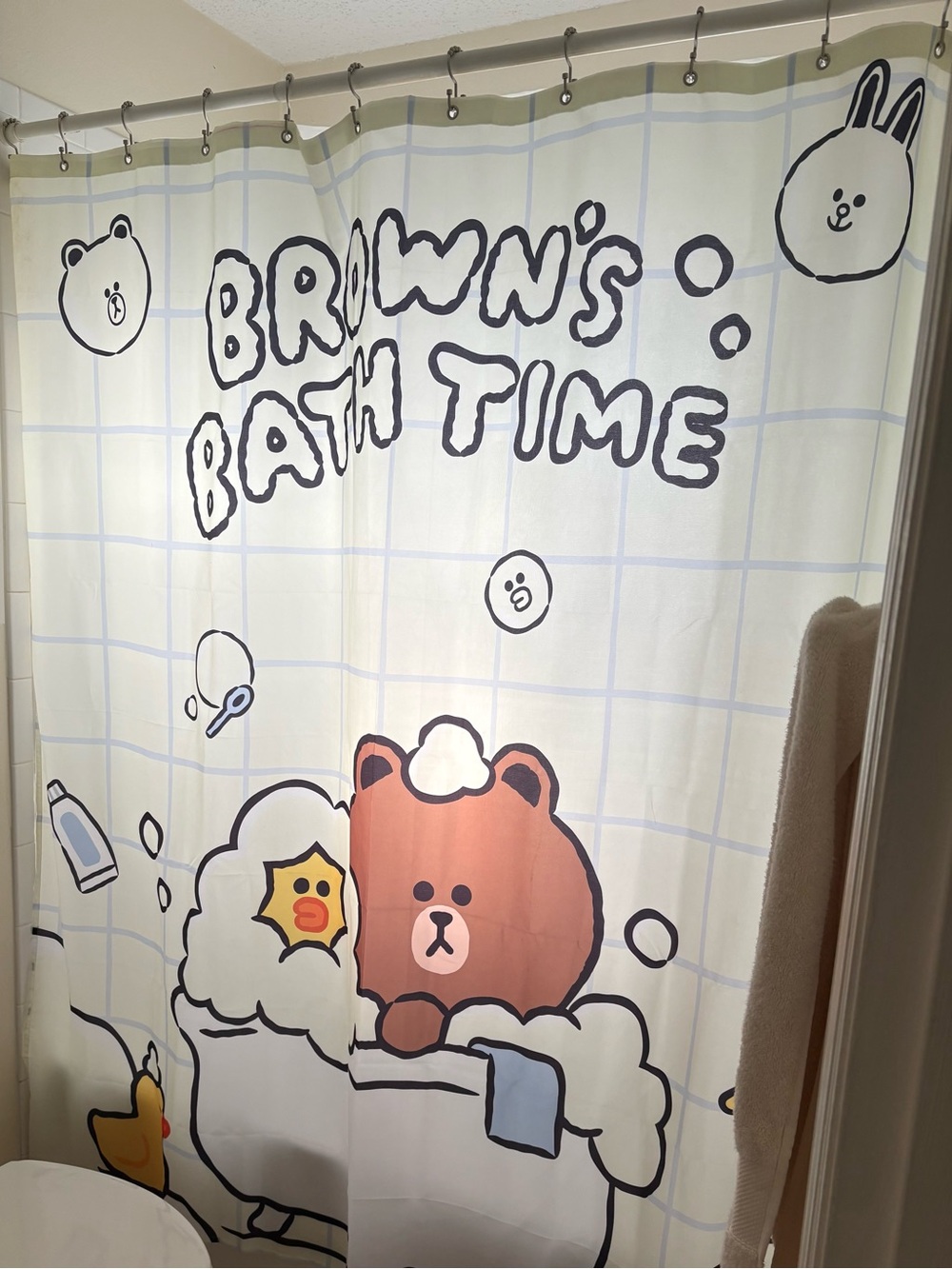 LINE FRIENDS Brown Bear Cute Bath Time Shower Curtain